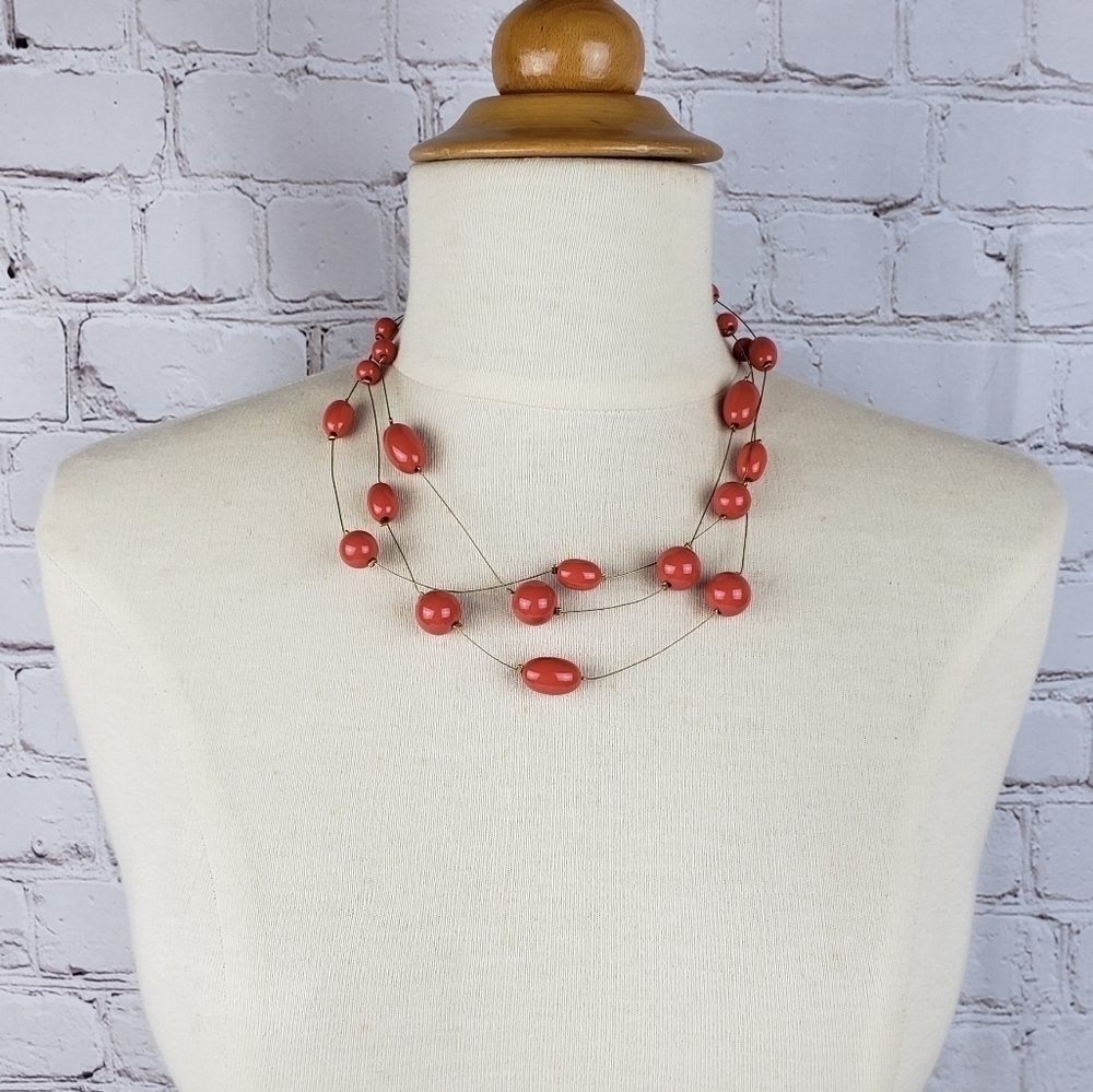 Multi Strand Illusion Wire Coral Bead Goldtone Floating Necklace Adjustable